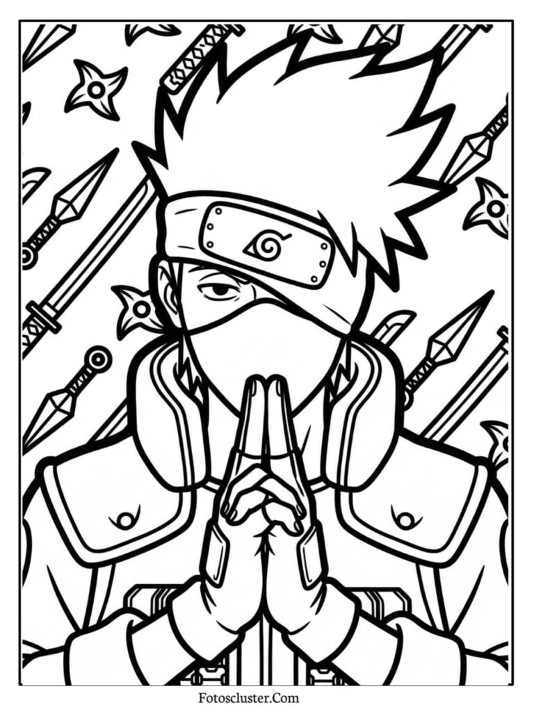 A black and white coloring page of Kakashi performing hand signs against a background filled with various ninja weapons