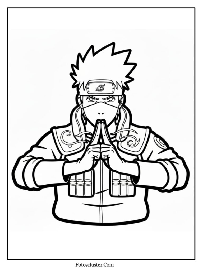 A black and white coloring page of Kakashi Hatake performing a complex hand sign for a jutsu or technique
