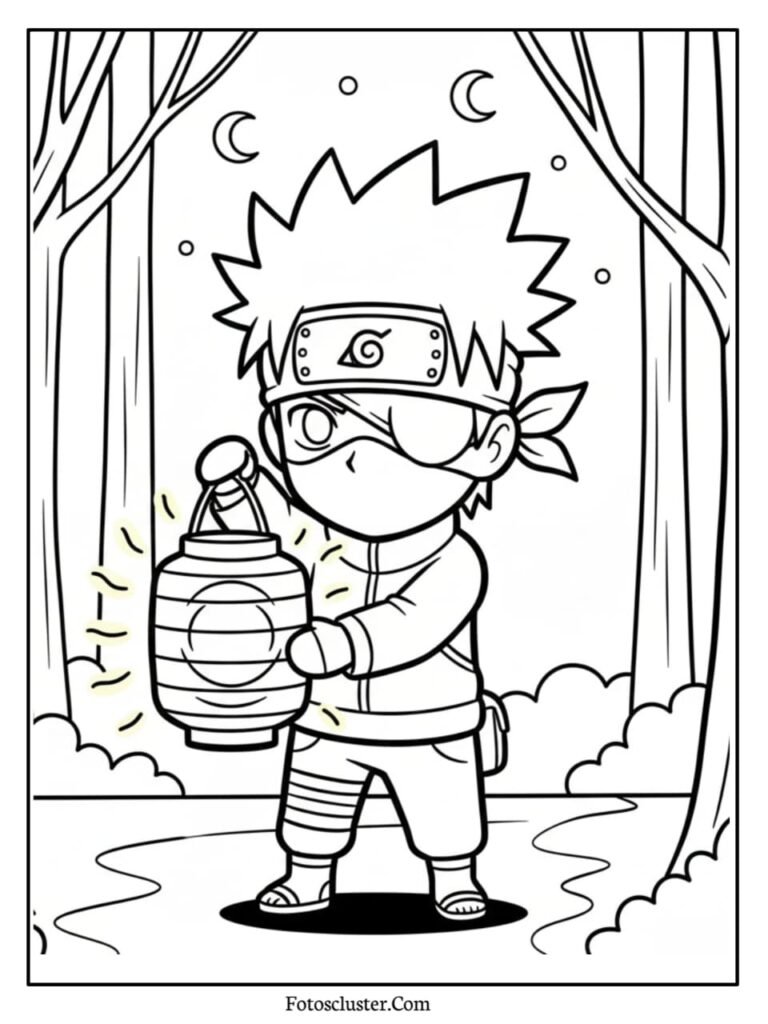 A coloring page of chibi Kakashi Hatake holding a glowing paper lantern in a dark forest setting under crescent moons