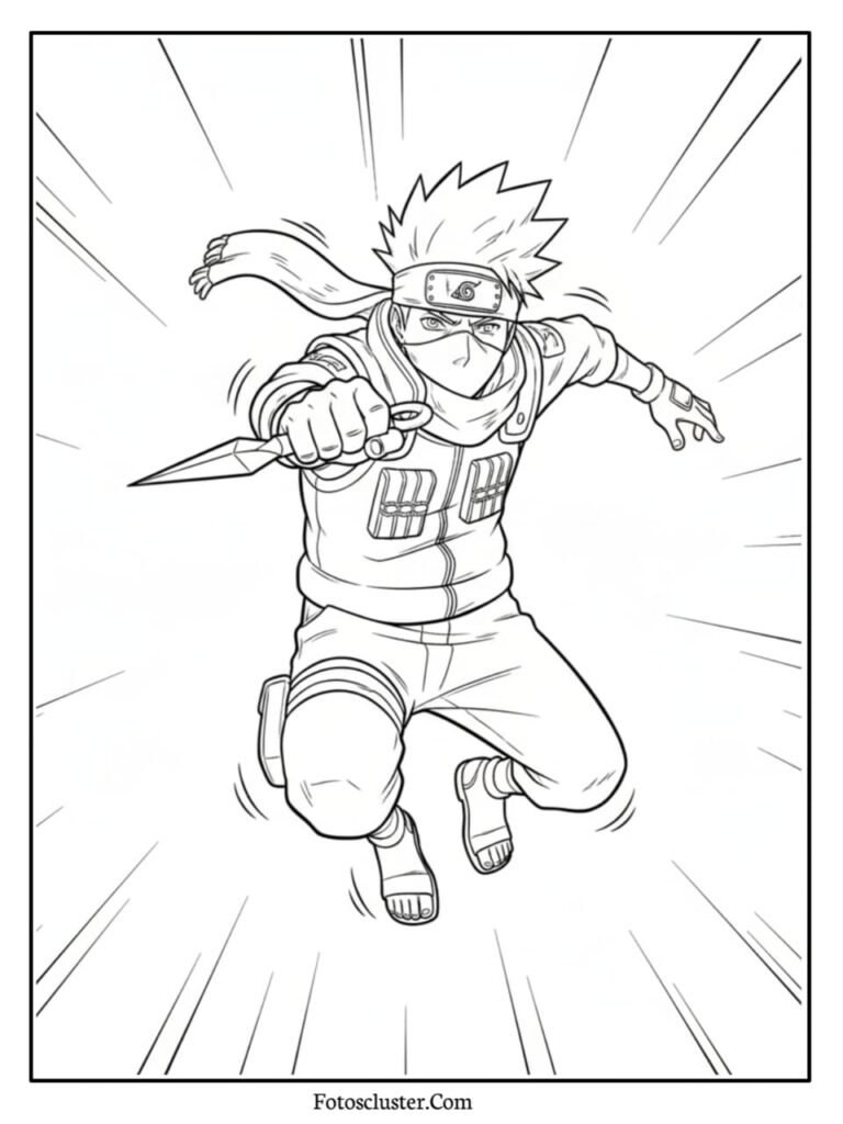 A black and white coloring page of Kakashi Hatake jumping through the air, wielding a sharp kunai knife