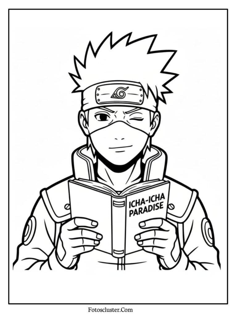 A black and white coloring page of Kakashi Hatake reading the book cha Icha Paradise with a wink