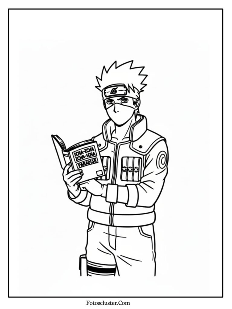 A black and white coloring page of Kakashi Hatake standing and reading the book Icha-Icha Paradise