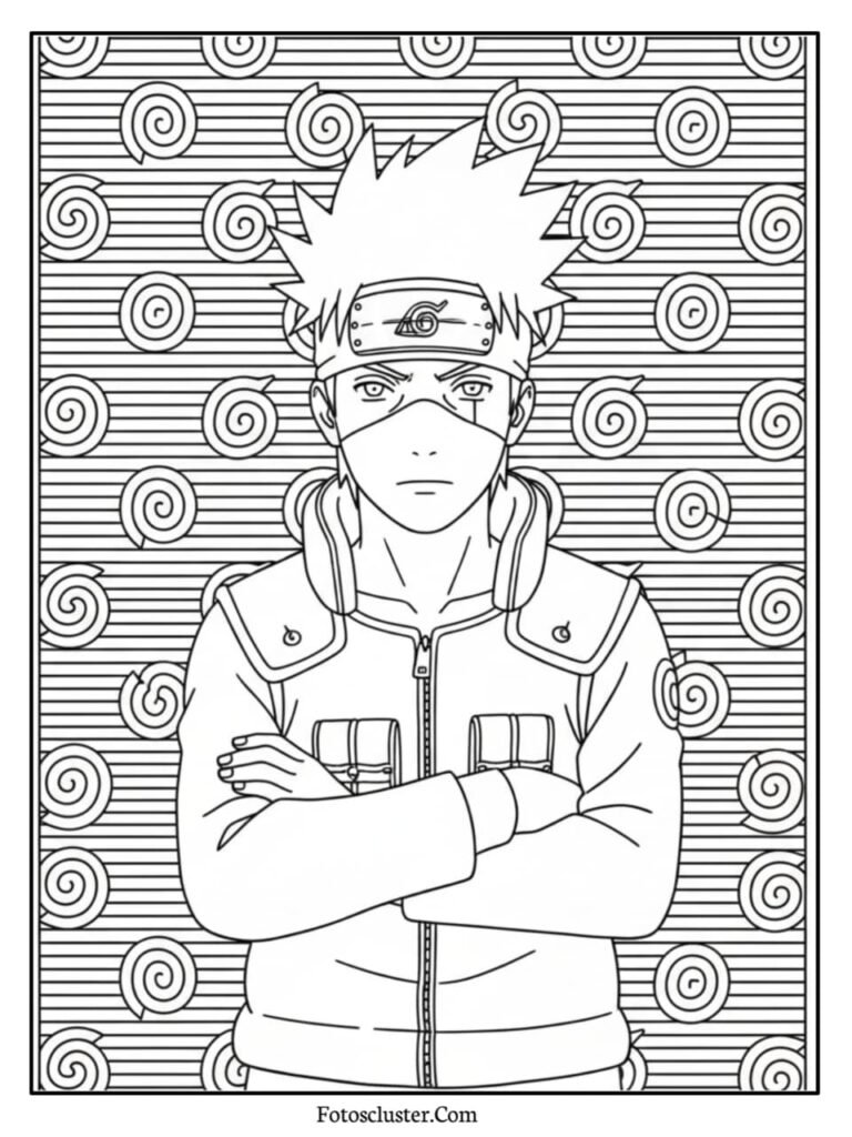 A black and white coloring page of Kakashi Hatake with crossed arms against a background of spiral patterns