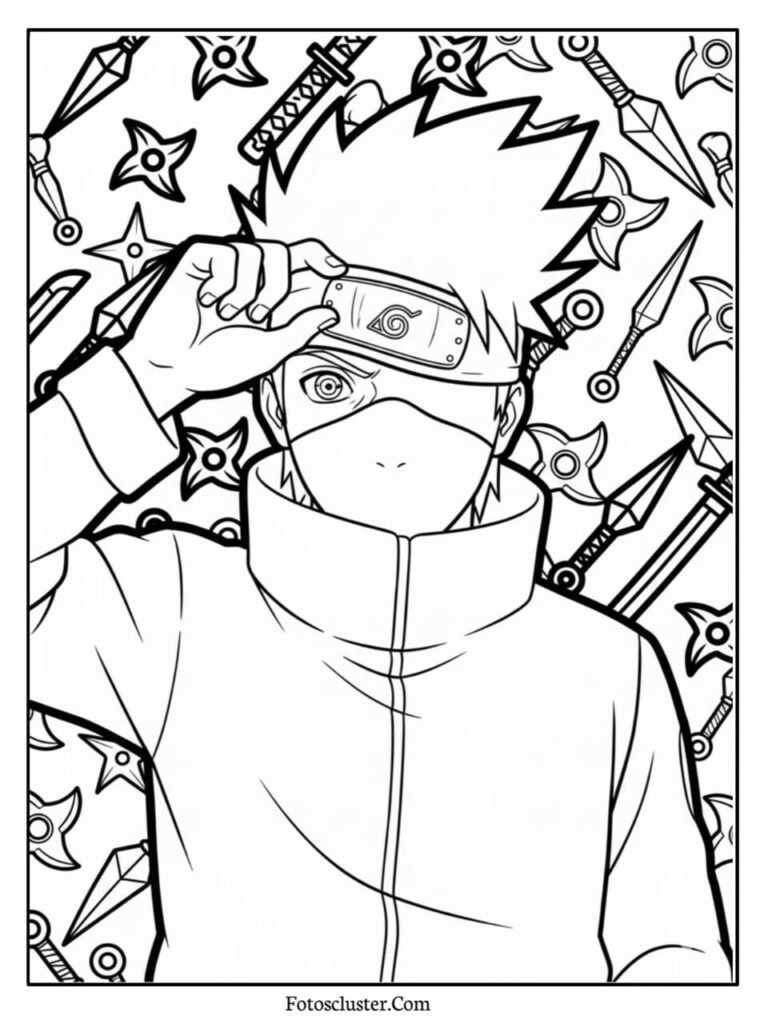 A black and white coloring page of Kakashi lifting his headband against a background of shuriken and kunai