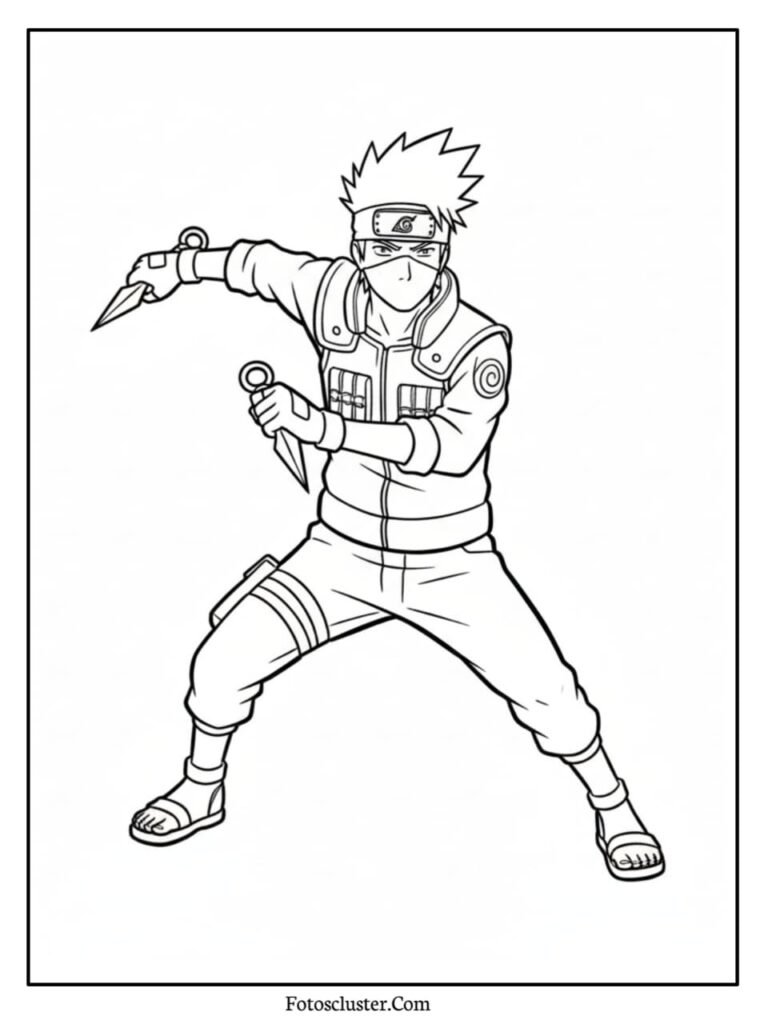 A black and white coloring page of the anime ninja Kakashi Hatake in a fighting stance holding two kunai knives