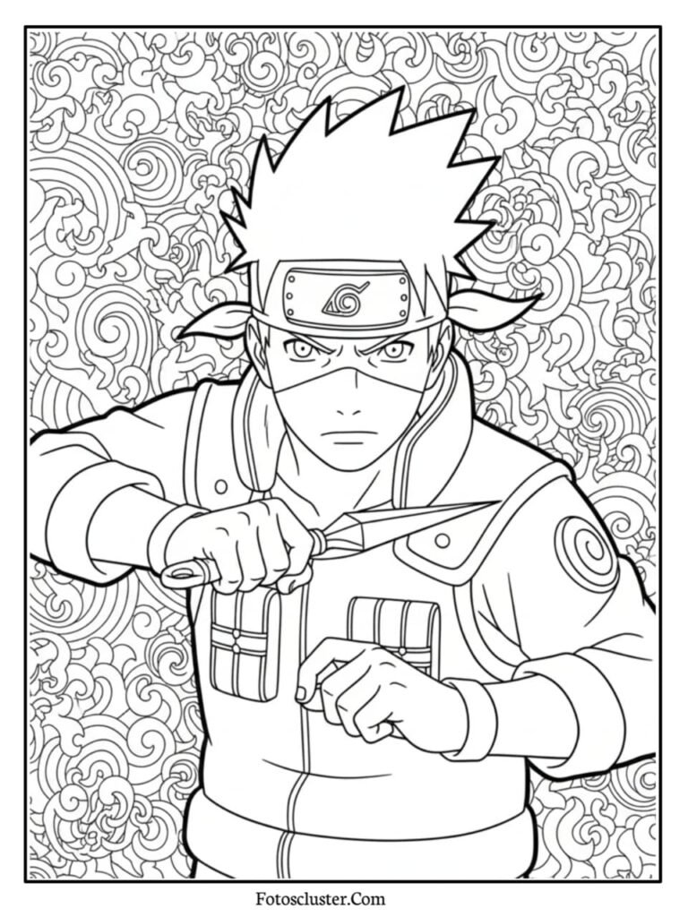 A black and white coloring page of Kakashi Hatake holding a kunai, set against an intricate swirl pattern background