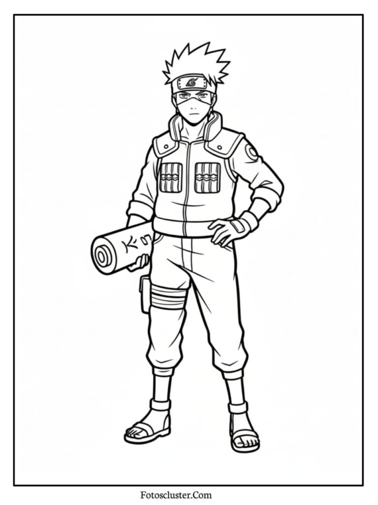 A black and white coloring page showing the anime ninja Kakashi Hatake standing and holding a large scroll