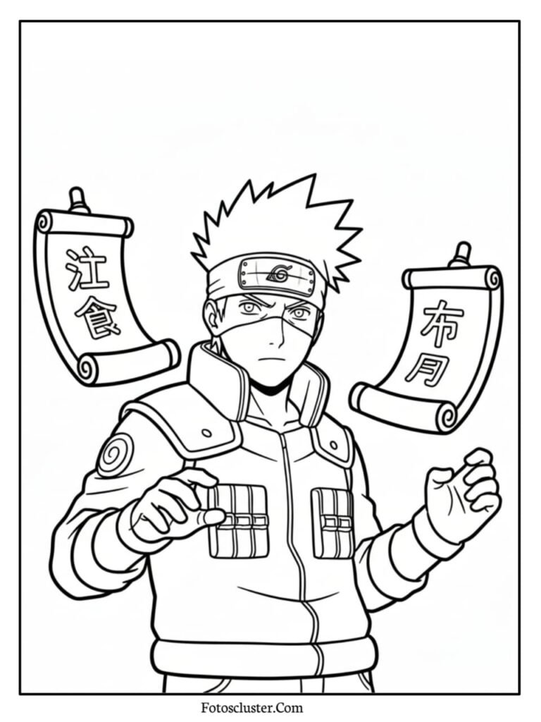 A black and white coloring page of the anime character Kakashi Hatake standing between two floating scrollss
