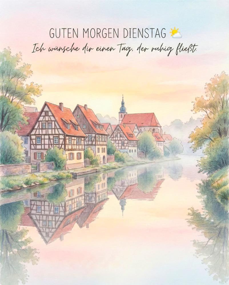 Wunderschöne Guten Morgen Dienstag Bilder mit Fluss und Häusern