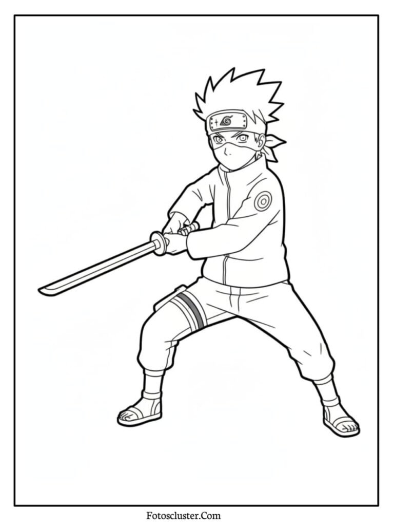 A coloring page of young Kakashi Hatake holding a katana in a battle stance, wearing his ninja uniform and mask
