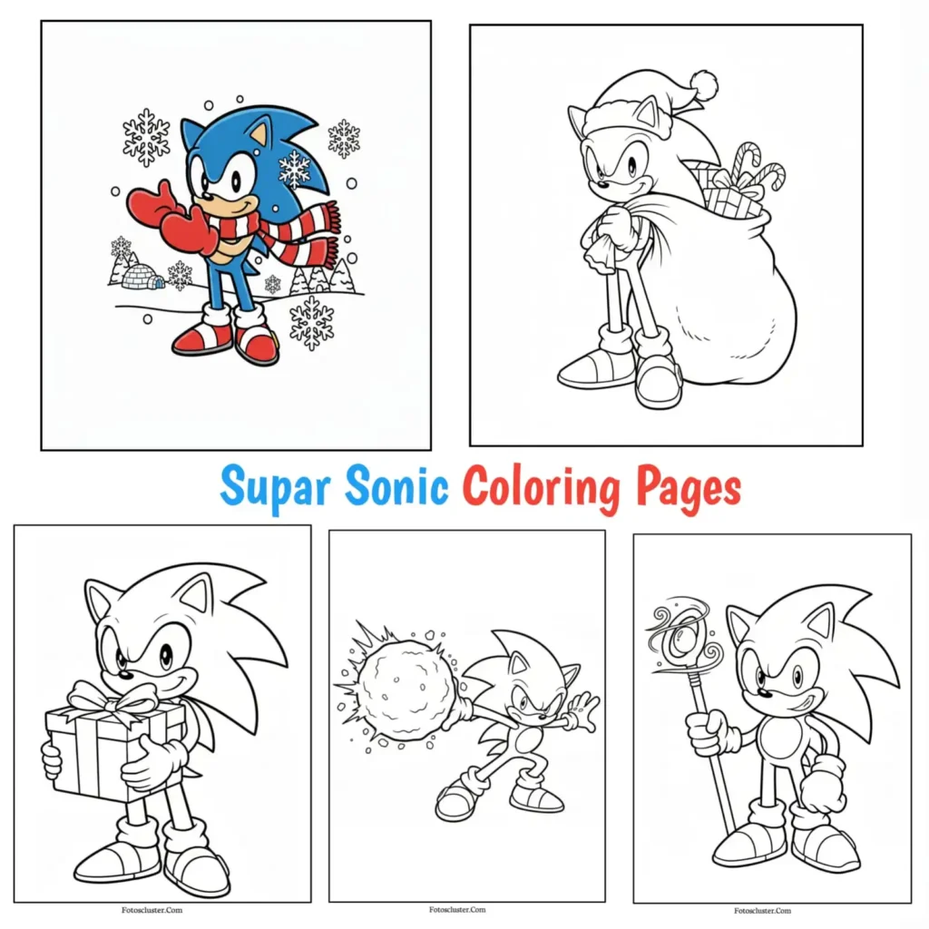 Winter Sonic coloring page with Sonic wearing gloves, a scarf, and winter boots surrounded by snowflakes.
