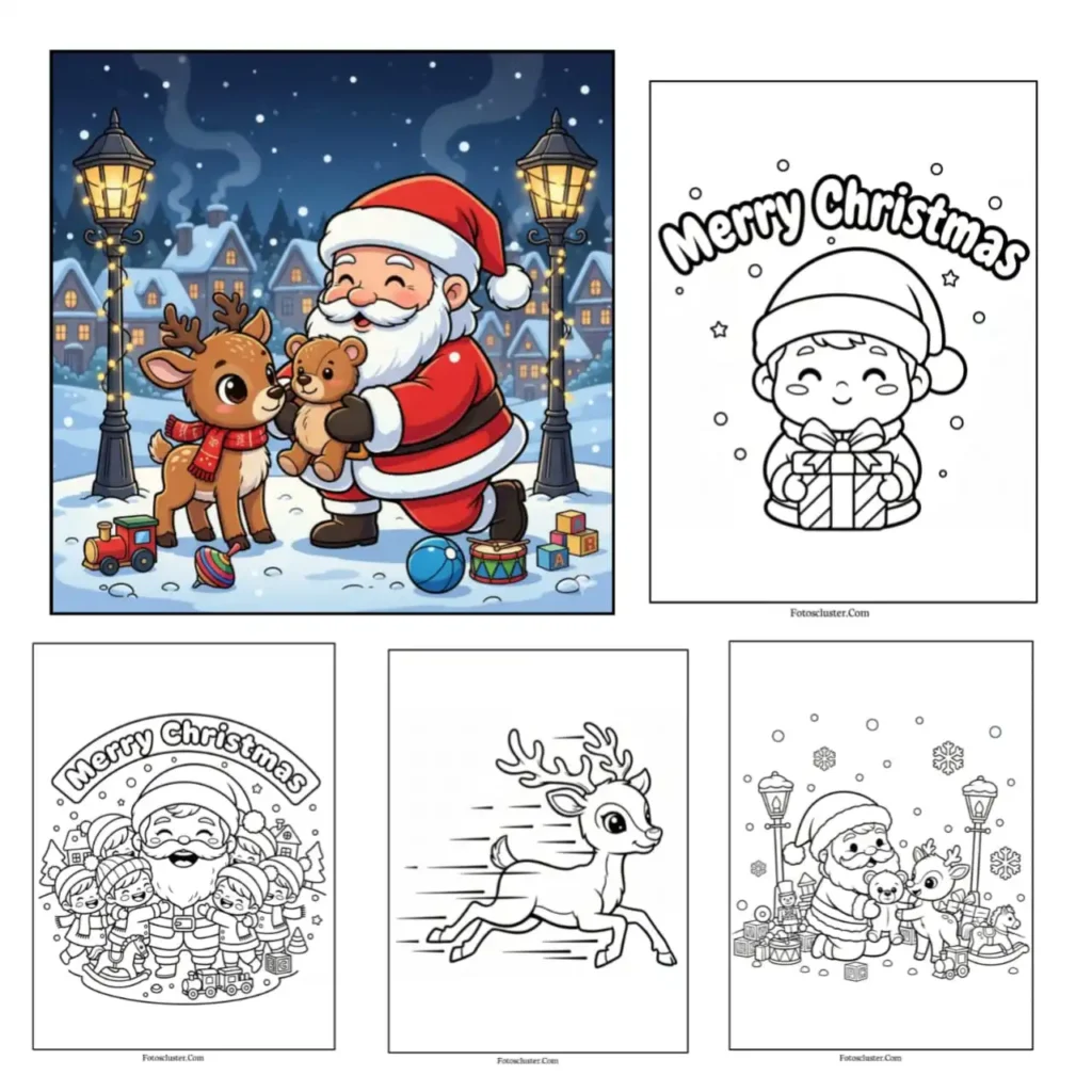 Free printable PDF Christmas coloring page for kids with Santa, snowman, and reindeer