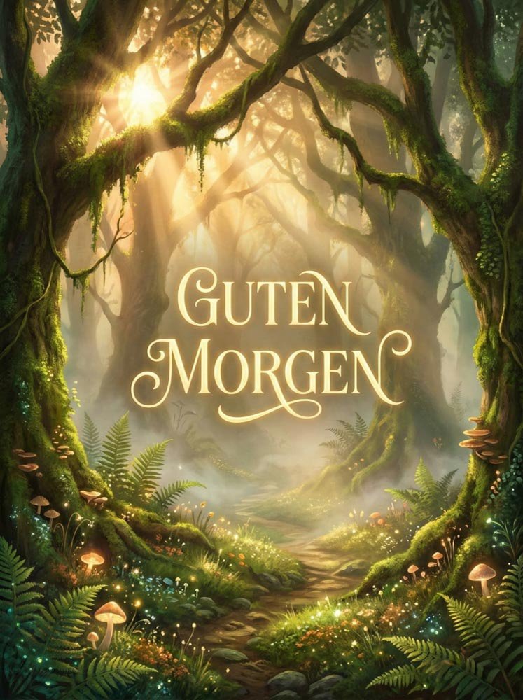 Ein märchenhafter Wald mit Pilzen und goldenem Sonnenlicht für einen zauberhaften Morgen