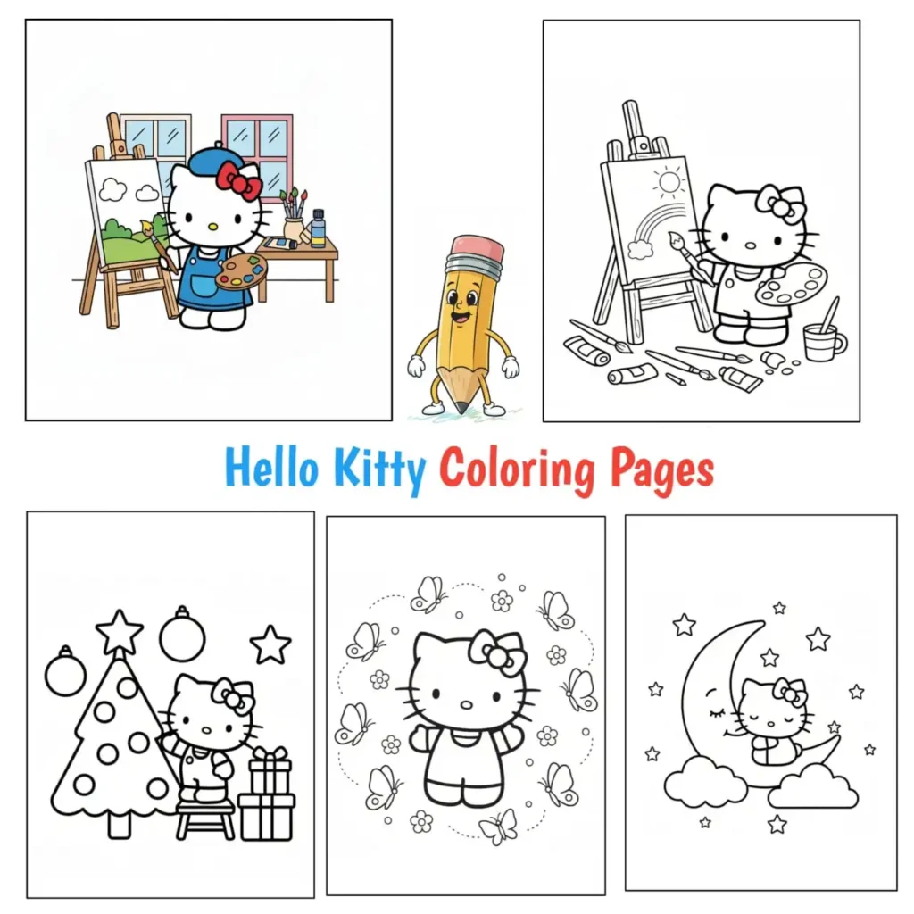 Hello Kitty painting a landscape on an easel in an art studio with brushes and paint.