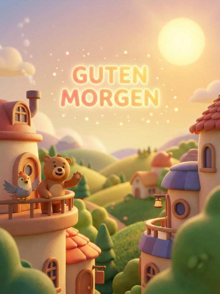 Ein fröhlicher Hase zwischen bunten Blumen und Regenbogen wünscht einen farbenfrohen Morgen