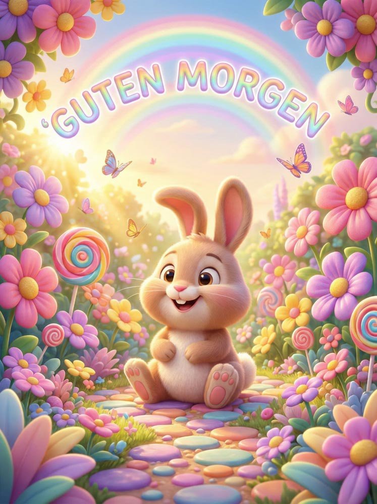 Ein freundlicher Bär winkt vom Balkon bei Sonnenaufgang und wünscht einen tollen Start in den Tag