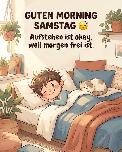 Ein Junge und seine Katze wachen gemütlich auf, ein tolles Motiv für süße guten morgen samstag bilder
