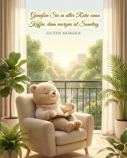 Ein Bär liest entspannt ein Buch auf dem Balkon, ein sehr ruhiges guten morgen samstag bilder Motiv