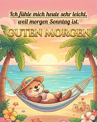 Ein fröhlicher Otter im Urlaub am Strand, ideal für sommerliche guten morgen samstag bilder Grüße