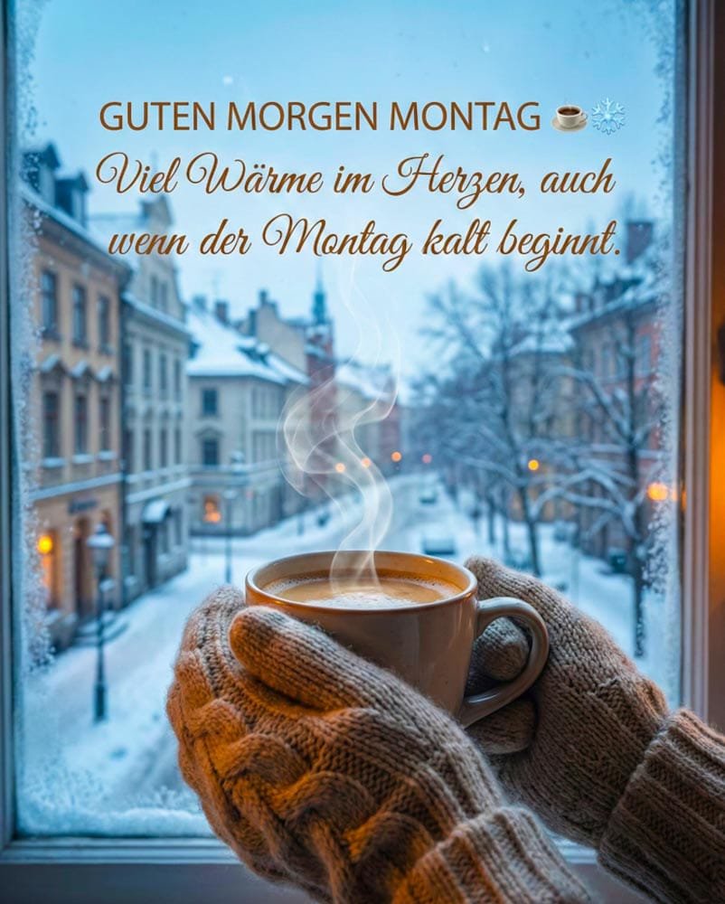 Eine dampfende Tasse Kaffee in behandschuhten Händen und vor dem Fenster eine wunderschöne, schneebedeckte Stadtstraße