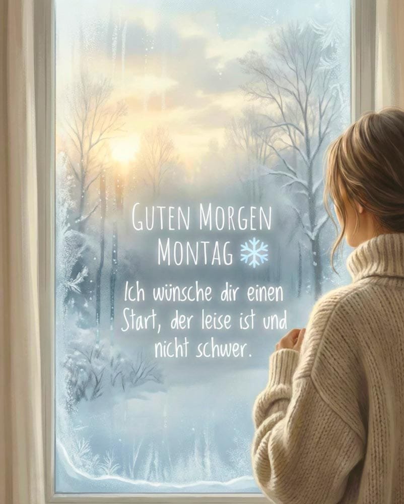 Eine Frau steht am Fenster und die goldene Sonne scheint durch die schneebedeckten Bäume draußen