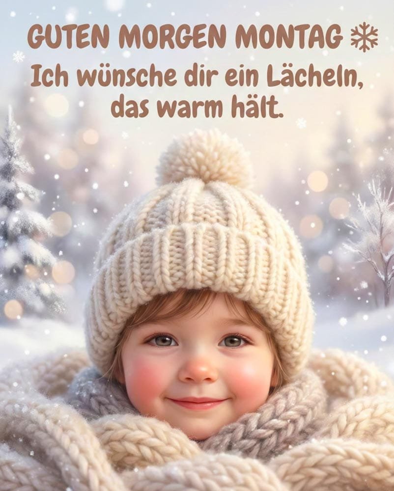 Das süße Lächeln eines kleinen Mädchens mit Wollmütze und Schal vor einer wunderschönen Schneelandschaft