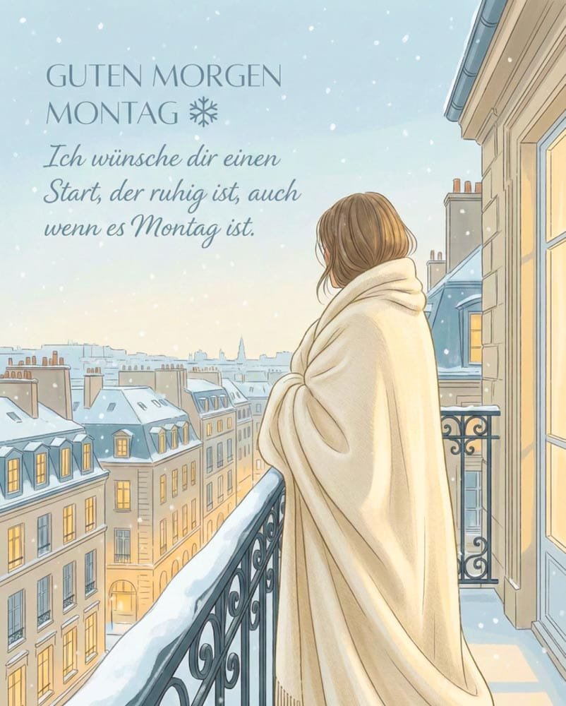 Eine Frau, in ein weißes Laken gehüllt, blickt von ihrem Balkon auf die wunderschöne Stadt mit ihren schneebedeckten Dächern