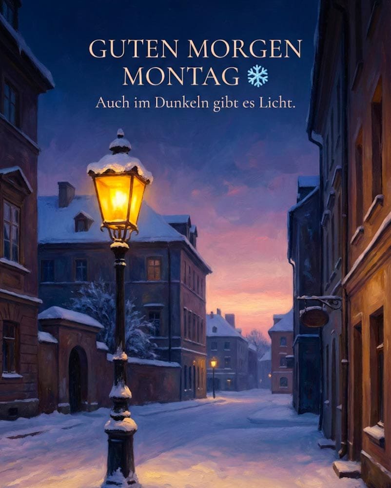 Eine alte, schneebedeckte Straße am Abend, in der eine gelbe Lampe brennt und eine sehr friedliche Szene schafft.