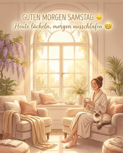 Diese Frau genießt ihren Tee am Fenster mit ihrer Katze, ein sehr süßes guten morgen samstag bilder Motiv