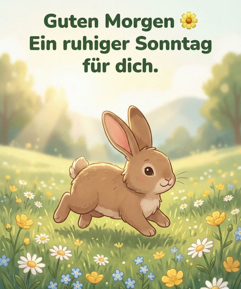 Fröhliche Guten Morgen Sonntag Bilder mit einem Hasen, der über eine Blumenwiese läuft