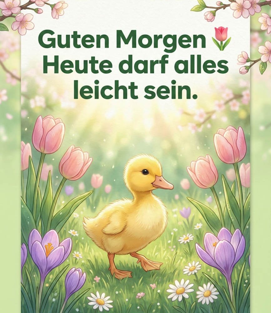 Niedliche Guten Morgen Sonntag Bilder mit einem kleinen Entchen im Gras