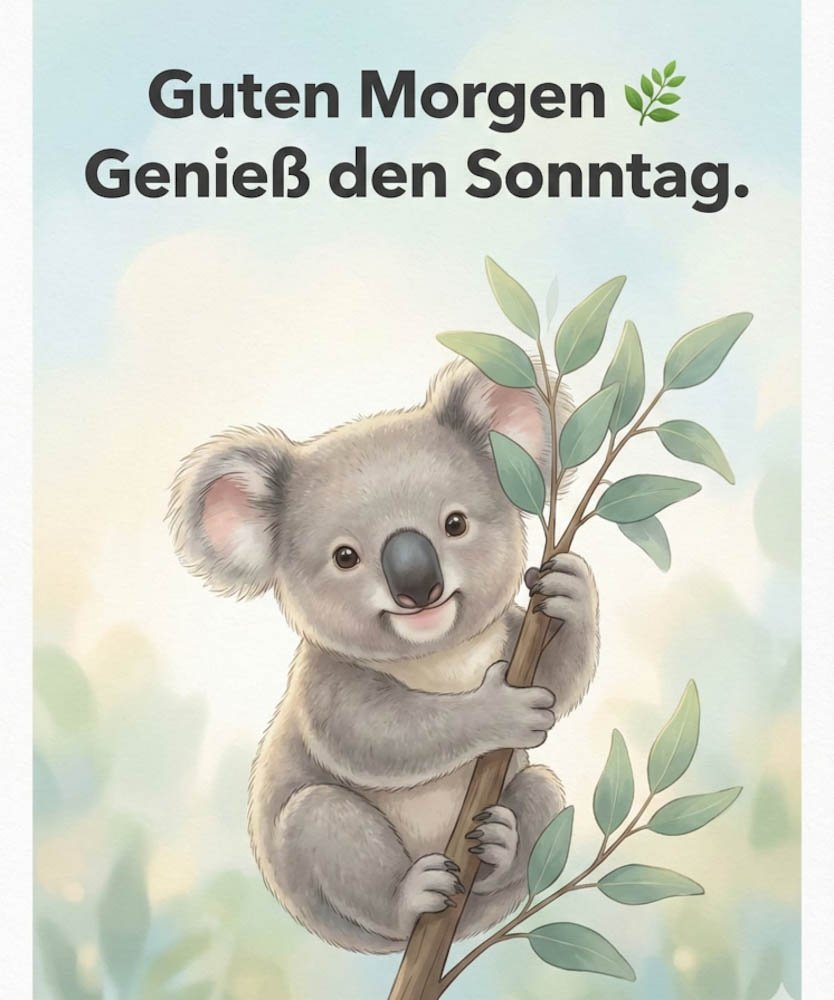 Süße Guten Morgen Sonntag Bilder mit einem glücklichen Koala am Baum.