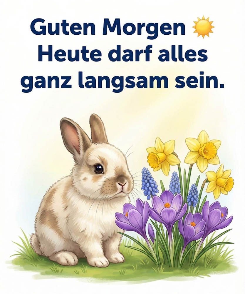 Guten Morgen Sonntag Bilder mit einem kleinen Hasen und Frühlingsblumen
