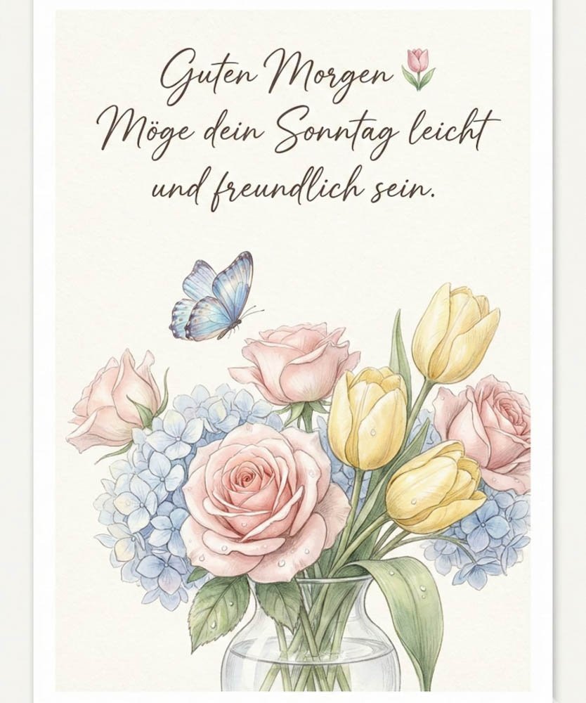 Guten Morgen Sonntag Bilder mit Blumenstrauß und blauem Schmetterling
