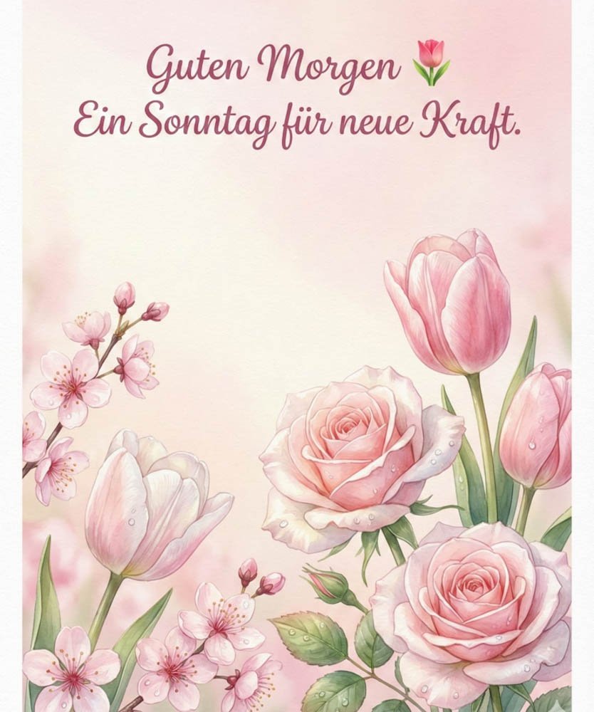 Zarte Guten Morgen Sonntag Bilder mit rosa Rosen und Blüten