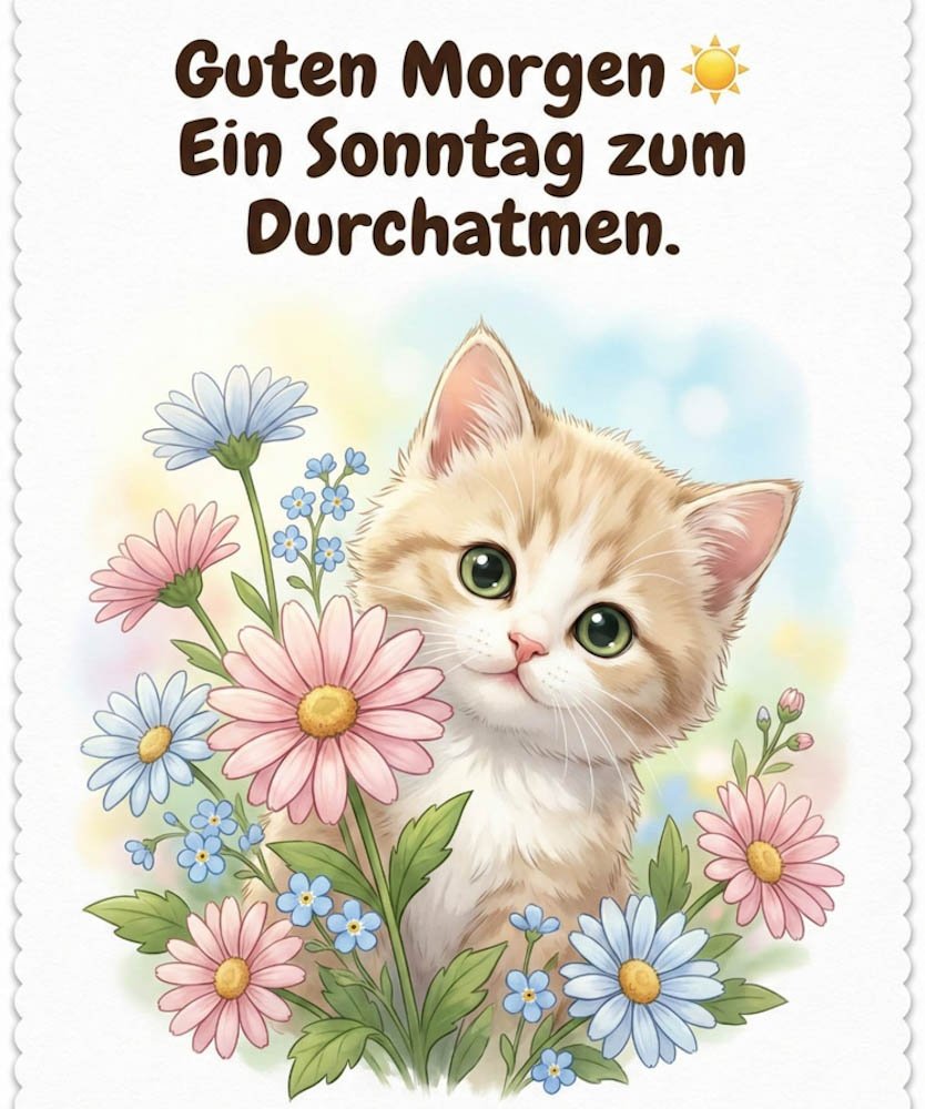 Guten Morgen Sonntag Bilder mit einer kleinen Katze zwischen bunten Blumen