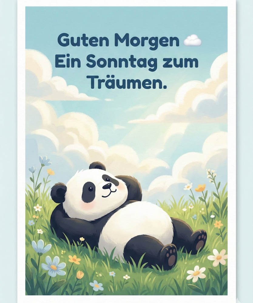 Verträumte Guten Morgen Sonntag Bilder mit einem glücklichen Panda, der im Gras liegt