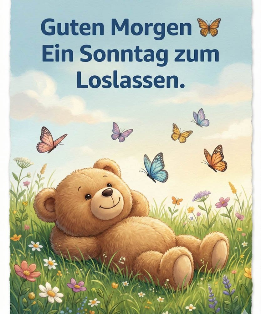Entspannende Guten Morgen Sonntag Bilder mit einem Teddybär, der im Gras liegt und Schmetterlinge beobachtet