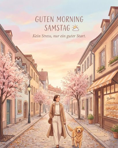 Eine Frau geht entspannt mit ihrem Hund in der Stadt spazieren, ein frisches guten morgen samstag bilder Design