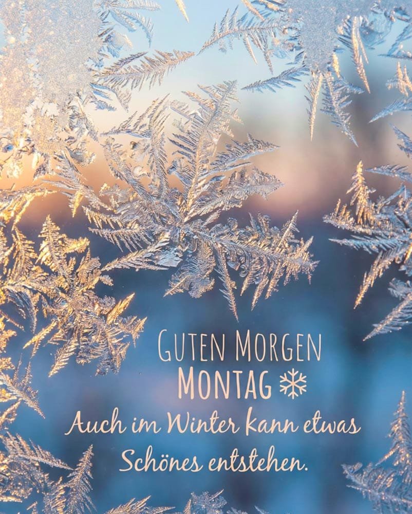 Ein Bild von schönen Schneeflocken auf der Fensterscheibe, mit der Aufschrift Guten Morgen